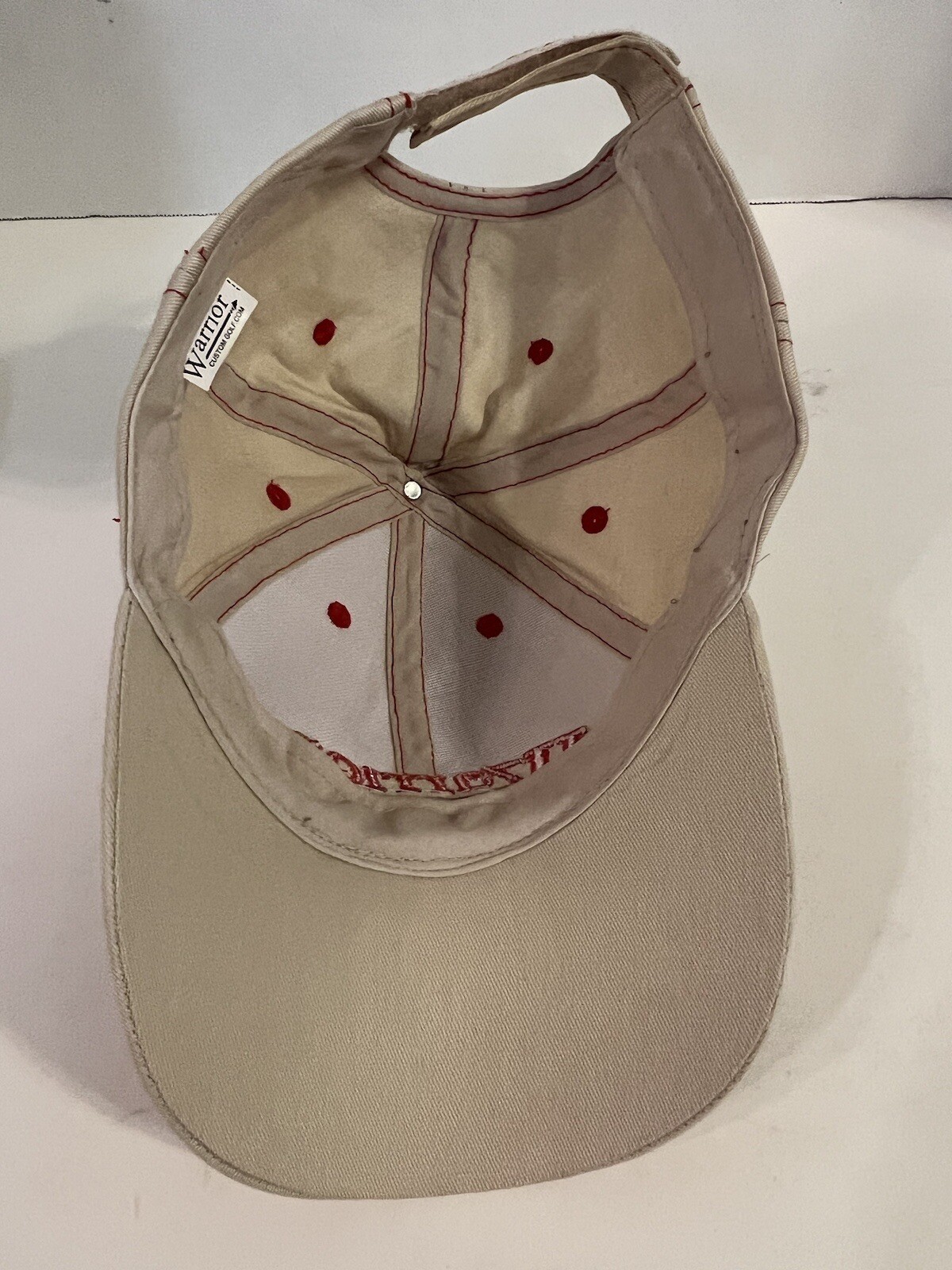 Warrior Custom Golf Hat Strap Back Beige Red Contrast Stitch Spellout