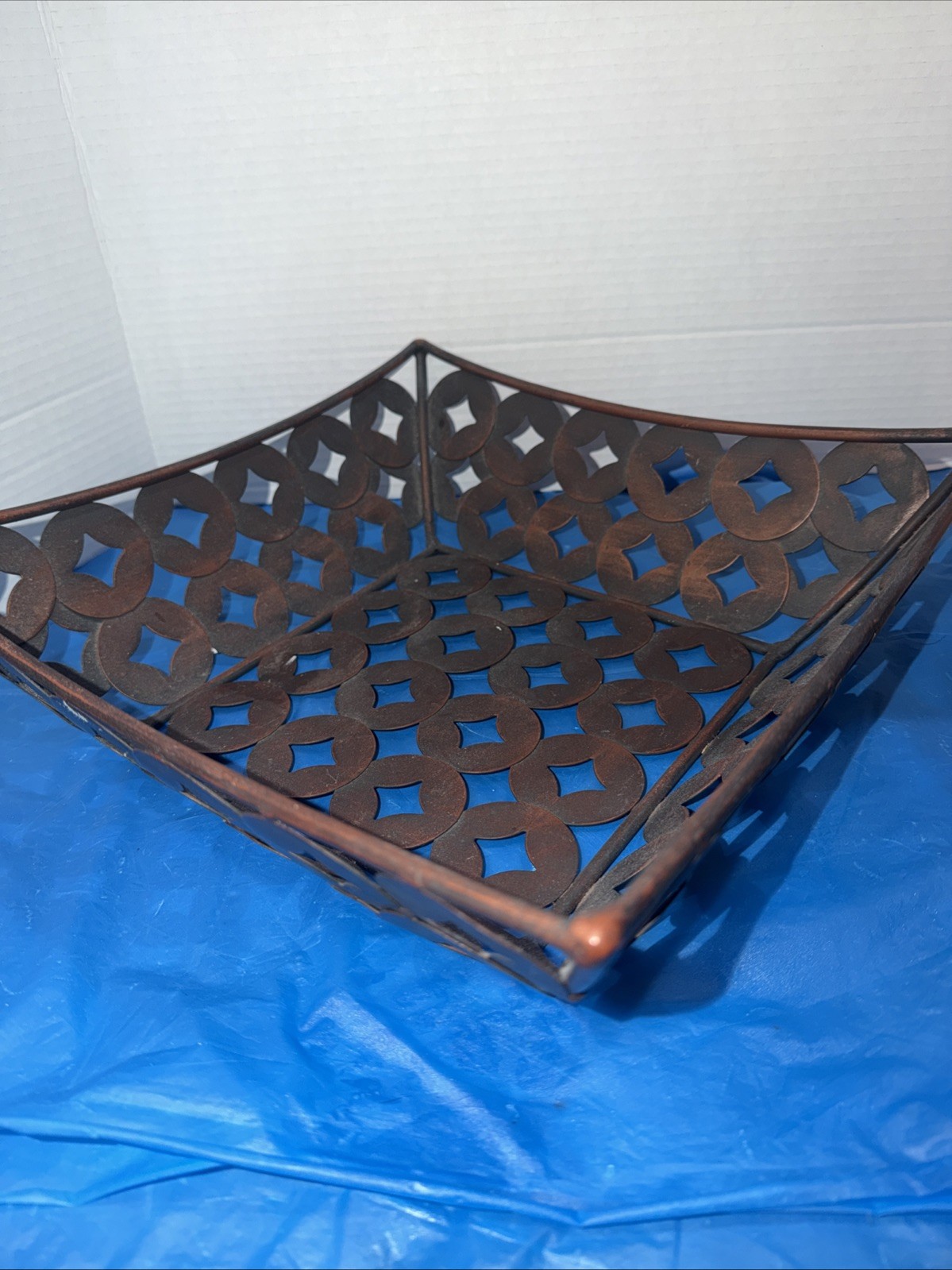 Metal Bronze CopperCustom Cut Basket 12x12x3 1/4 EUC For Any Room Kitchen Dining