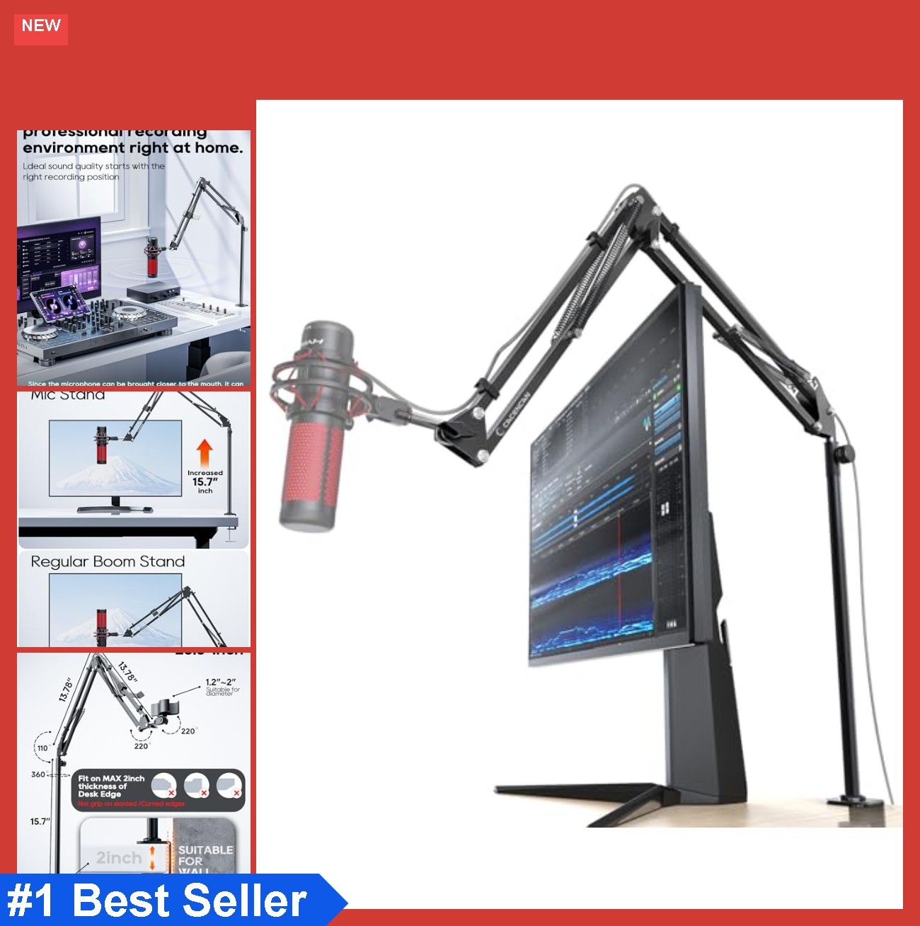 Boom Arm Microphone Stand 360 Rotatable Overhead Desk Mount Aluminum 15.7 Inch