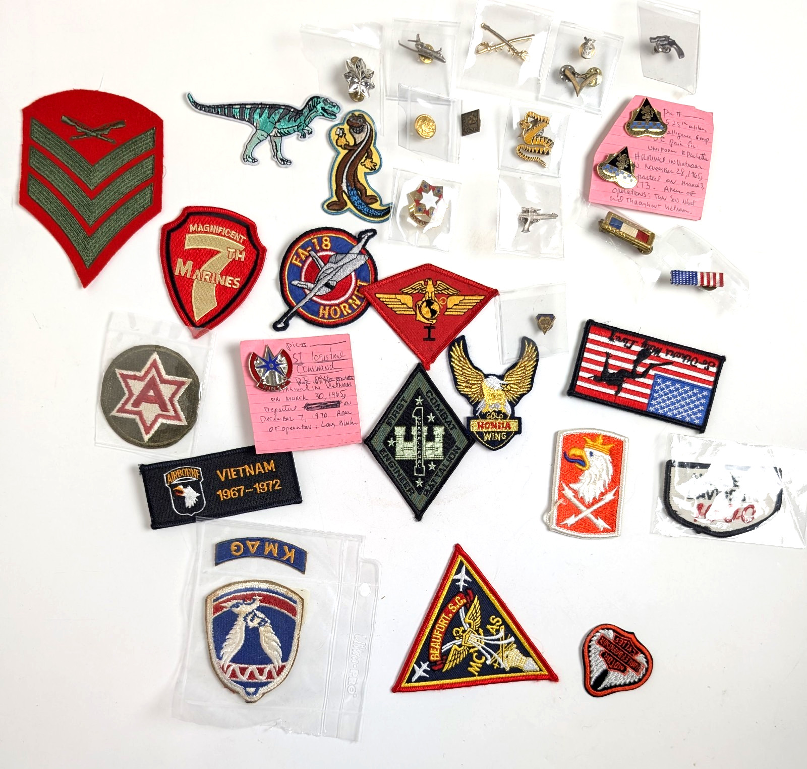33pc Vintage Military & Biker Lot - USMC 7th Marines, Vietnam Service, KMAG
