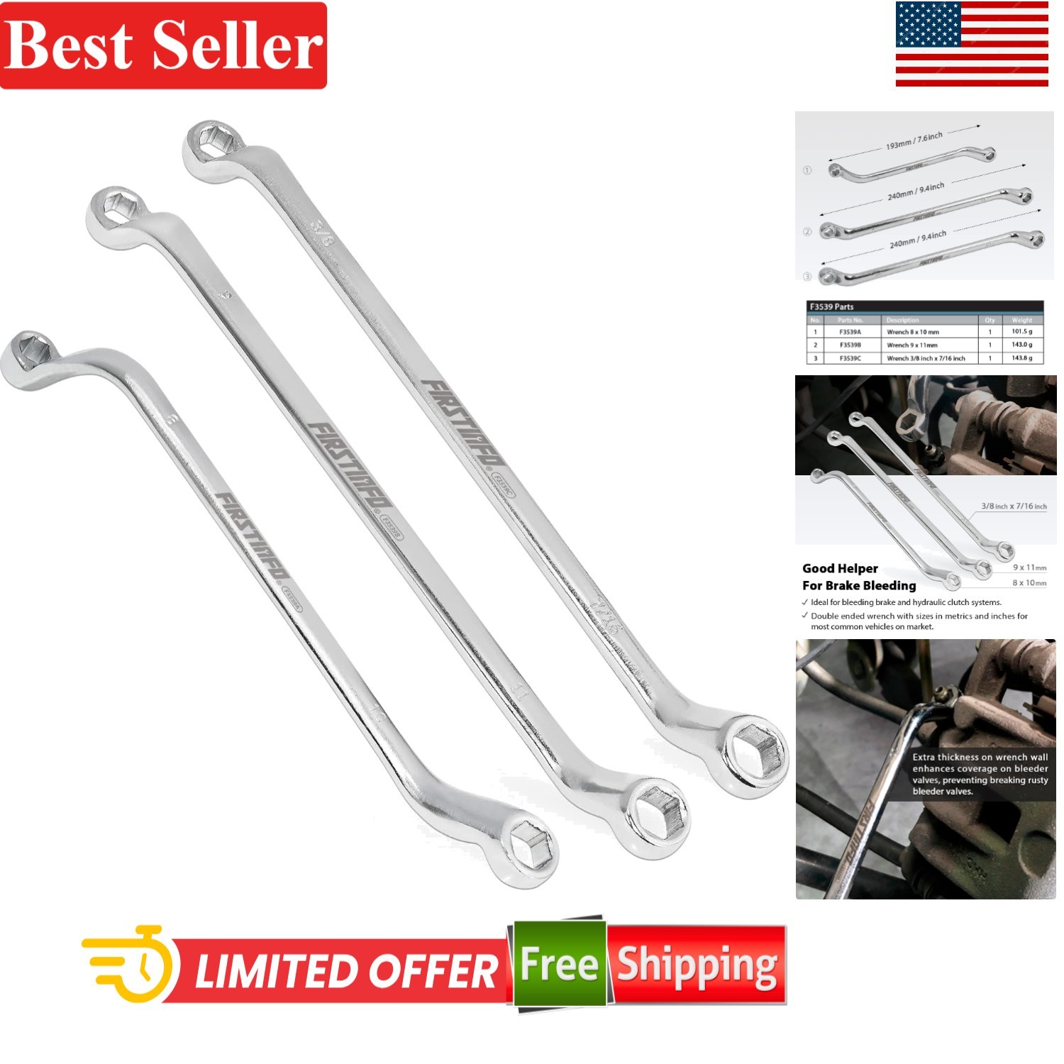 6-Piece Brake Bleeder Wrench Set Compatible With Most Vehicles 8-11mm 3/8 7/1...