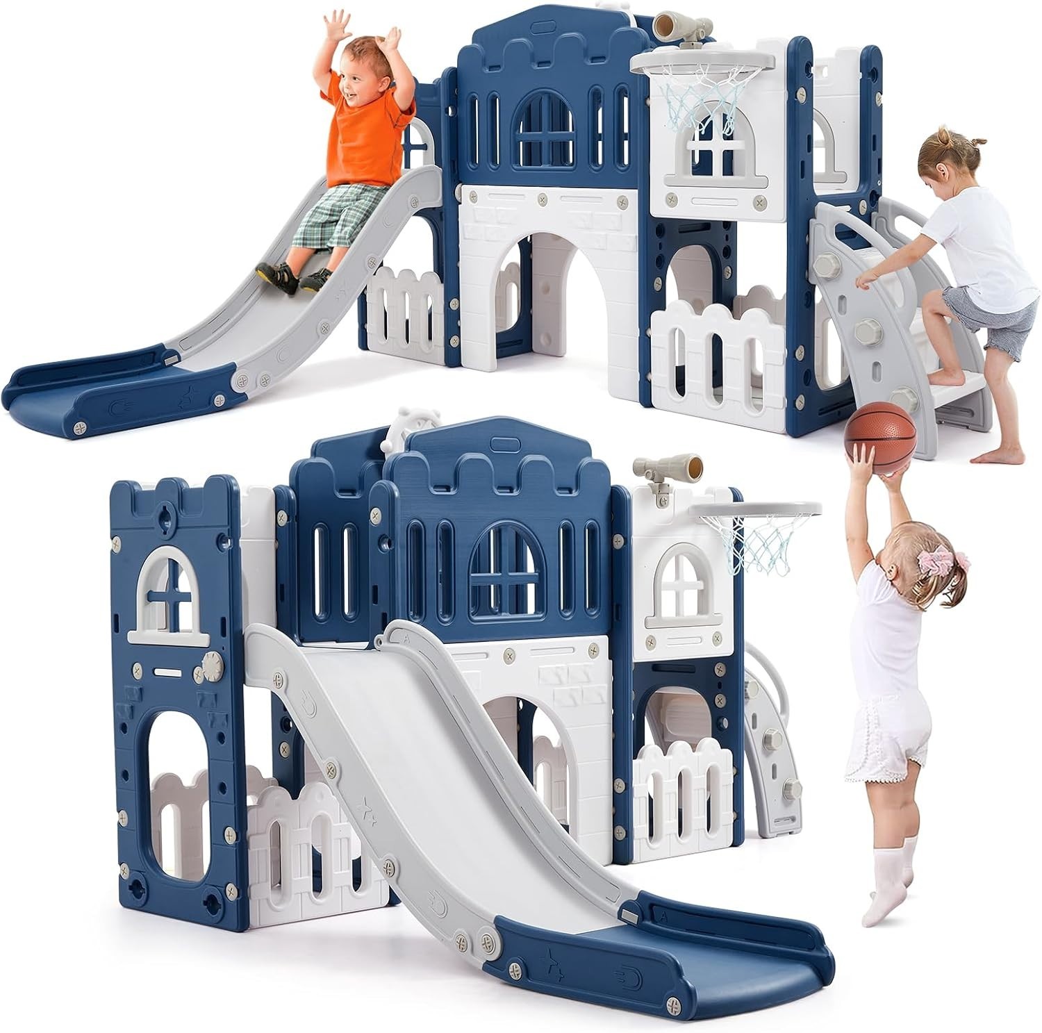 8 in 1 Playground Toddler Kids Slide w Basketball Hoop Climber Telescope Tunnel