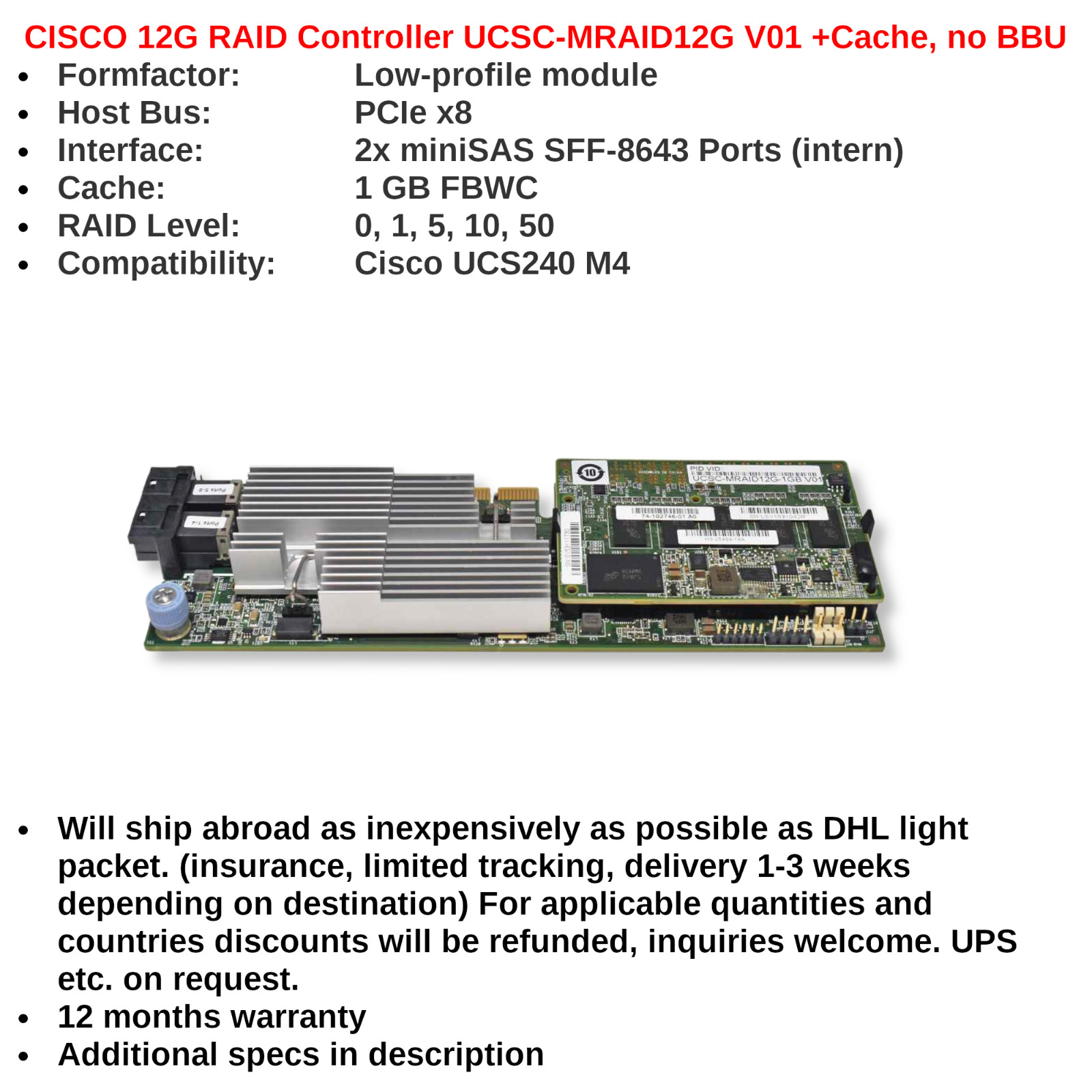 CISCO 12G SAS PCIe 74-12862-01 RAID Controller UCSC-MRAID12G V01 +Cache