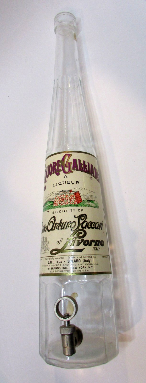 Large 20" Tall Vintage Glass Galliano Liquor Bottle w Tap Valve Livorno Italy