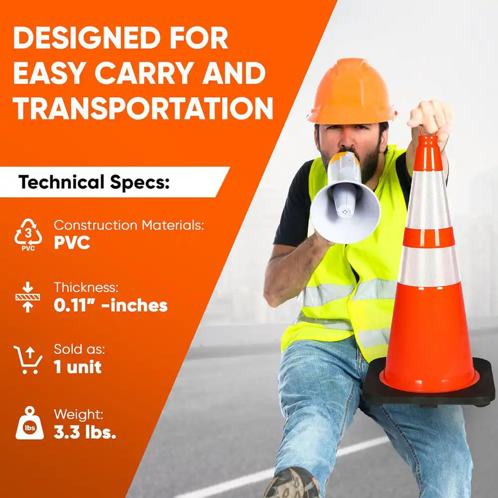 Pyle 28 In. PVC Traffic Cones, 10-Pack, High-Visibility Orange, Durable, Stackab