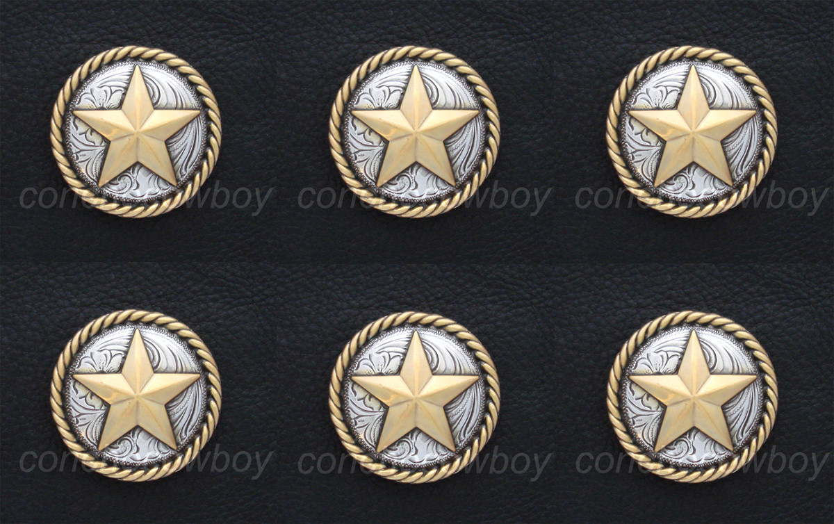 Set of 6 WESTERN TACK ANTIQUE GOLD ROUND ROPE EDGE STAR CONCHOS 1-1/4" screwback