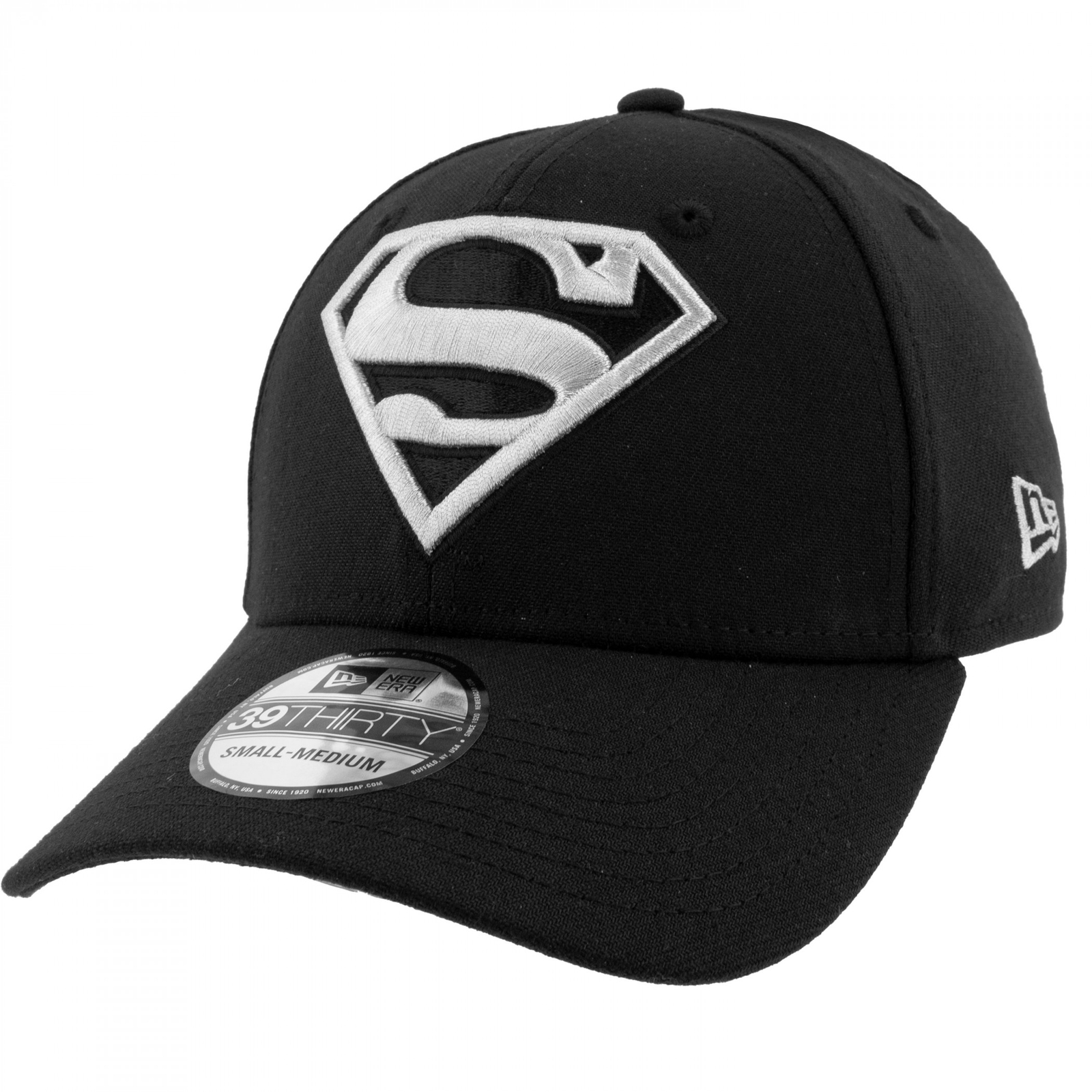 Superman Silver Logo New Era 39Thirty Fitted Hat Black