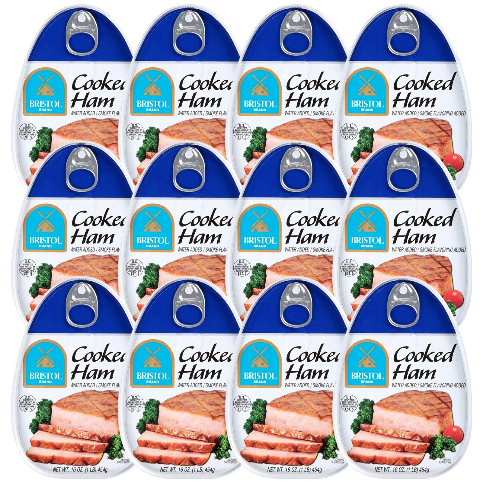 12 Pack Bristol Cooked Canned Ham 16oz Smoke Flavor Picnic Sandwich Meat