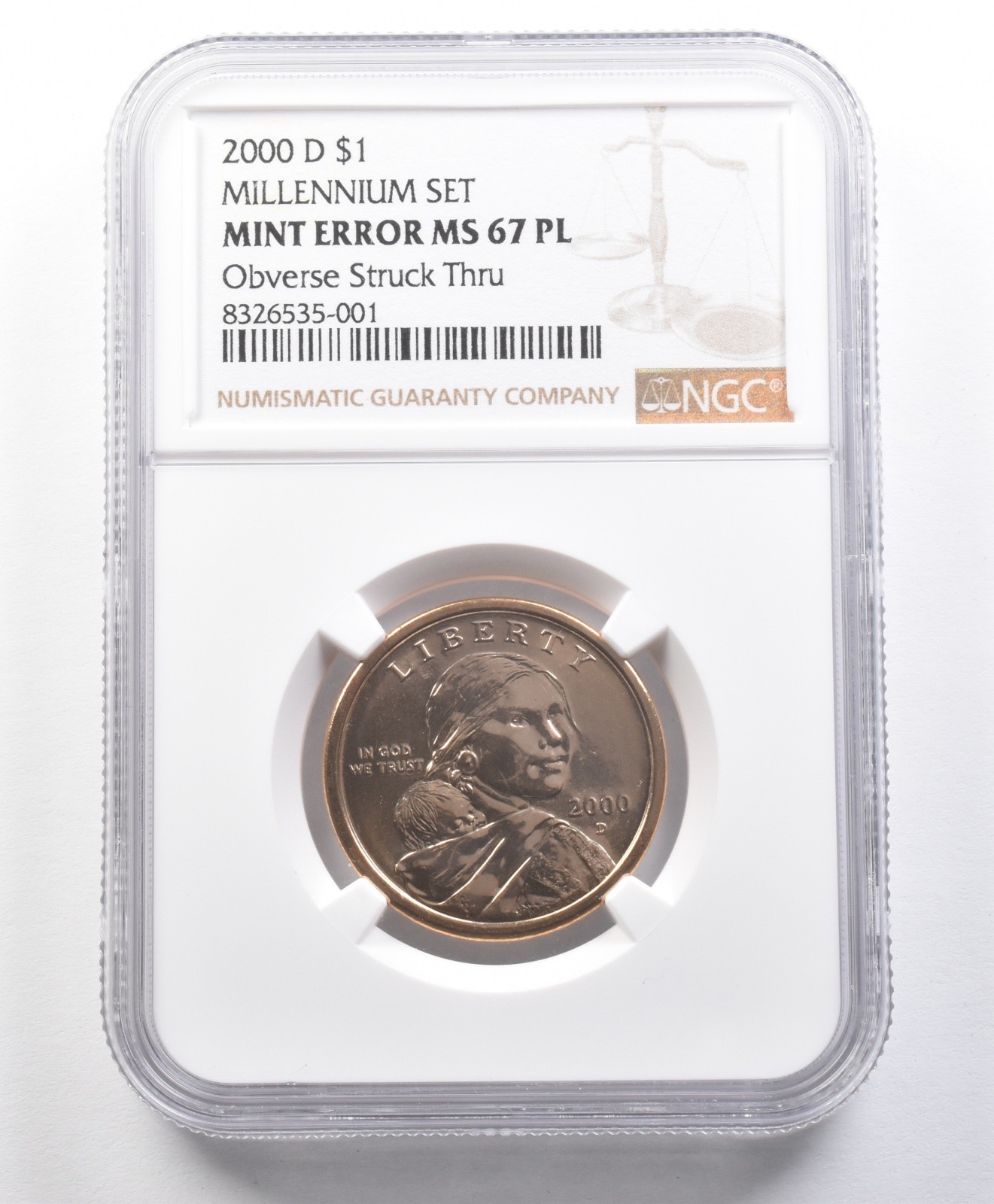 2000-D Sacagawea $1 Millennium Set Mint Error Obv Struck Thru MS67 PL NGC *3137