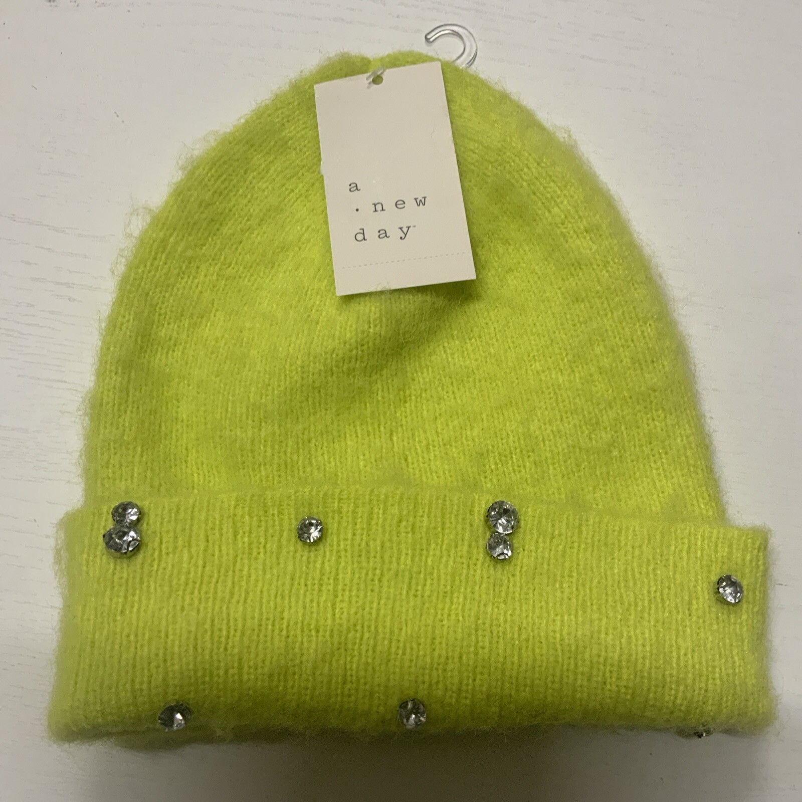 ☀️ Women's A New Day Neon Green Winter Hat Blitz Faux Diamonds One Size