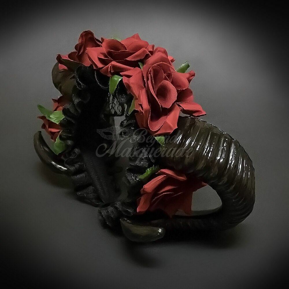 Ram Headband Black Horns Red Roses