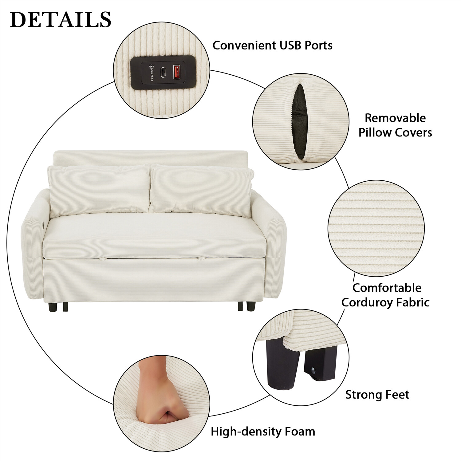 Convertible Sleeper Sofa Bed Loveseat Sofa w/ Pull Out Bed & USB Ports