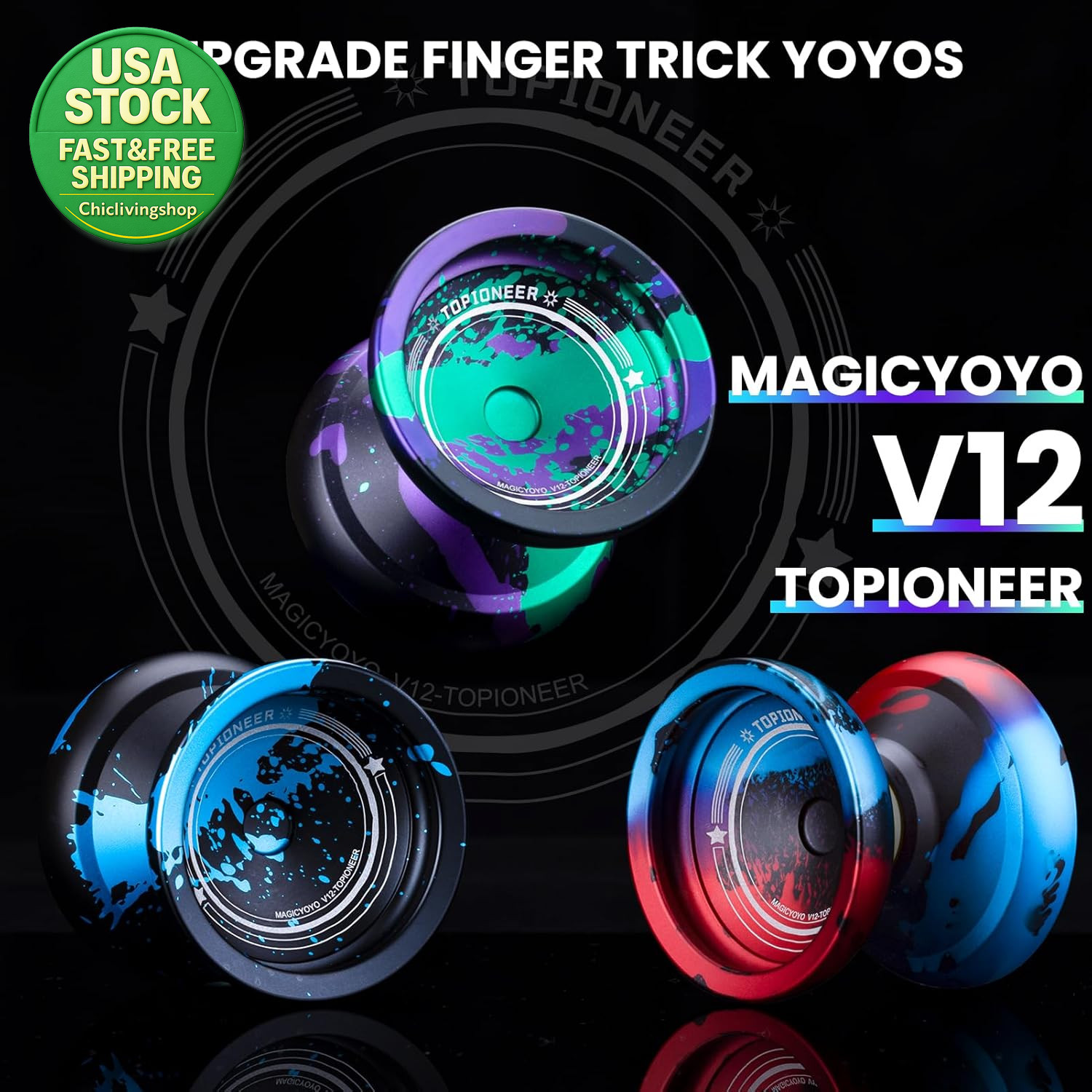 V12 Finger Spin Yoyo Professional Responsive Unresponsive Black Blue