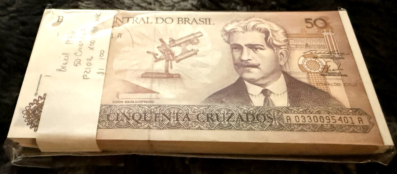 Brazil Bankpack of 100 UNC Notes 50 Cruzados 1986 Pick-210A