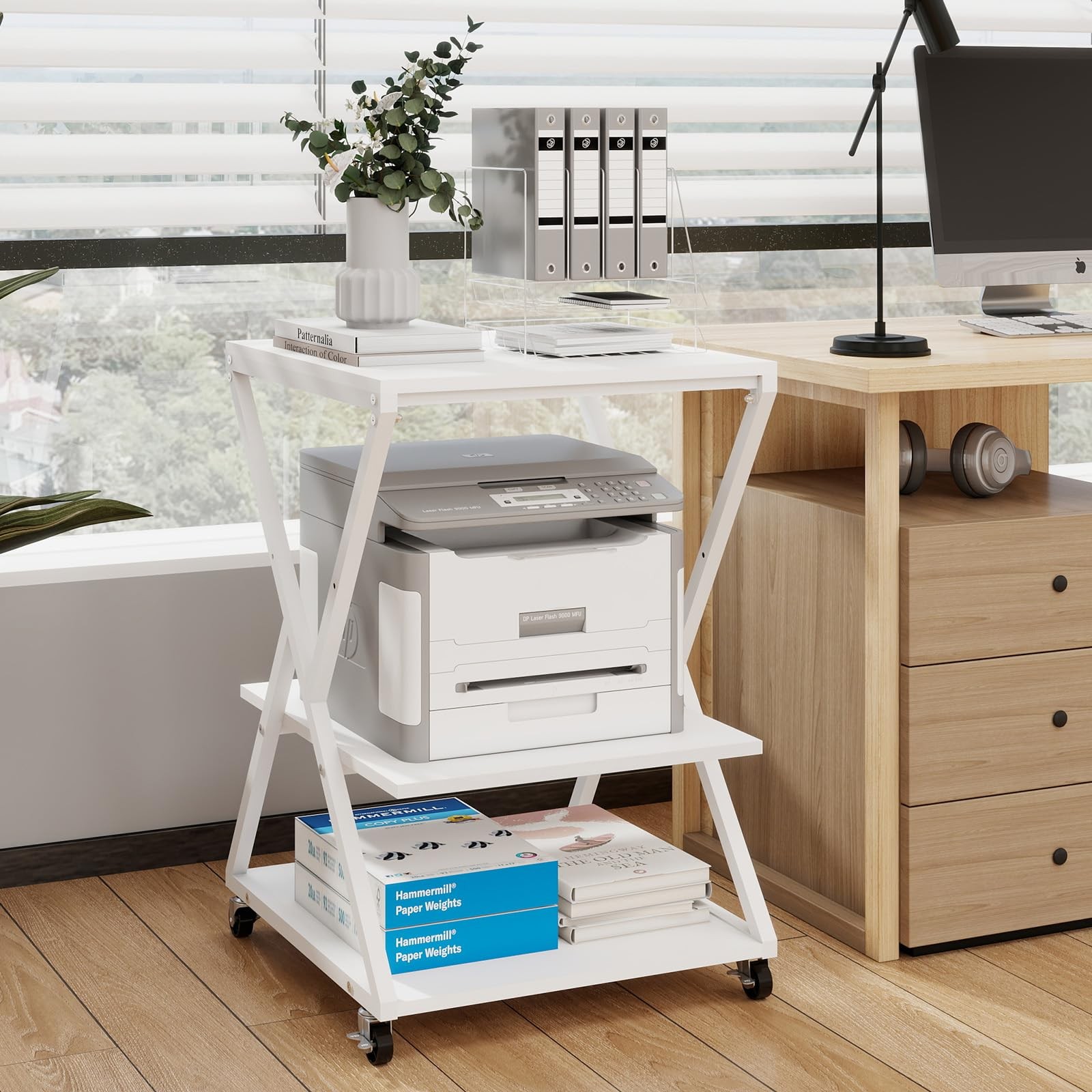 3 Tier Large Printer Table, 19.7"x19.7", Height Adjustable,White