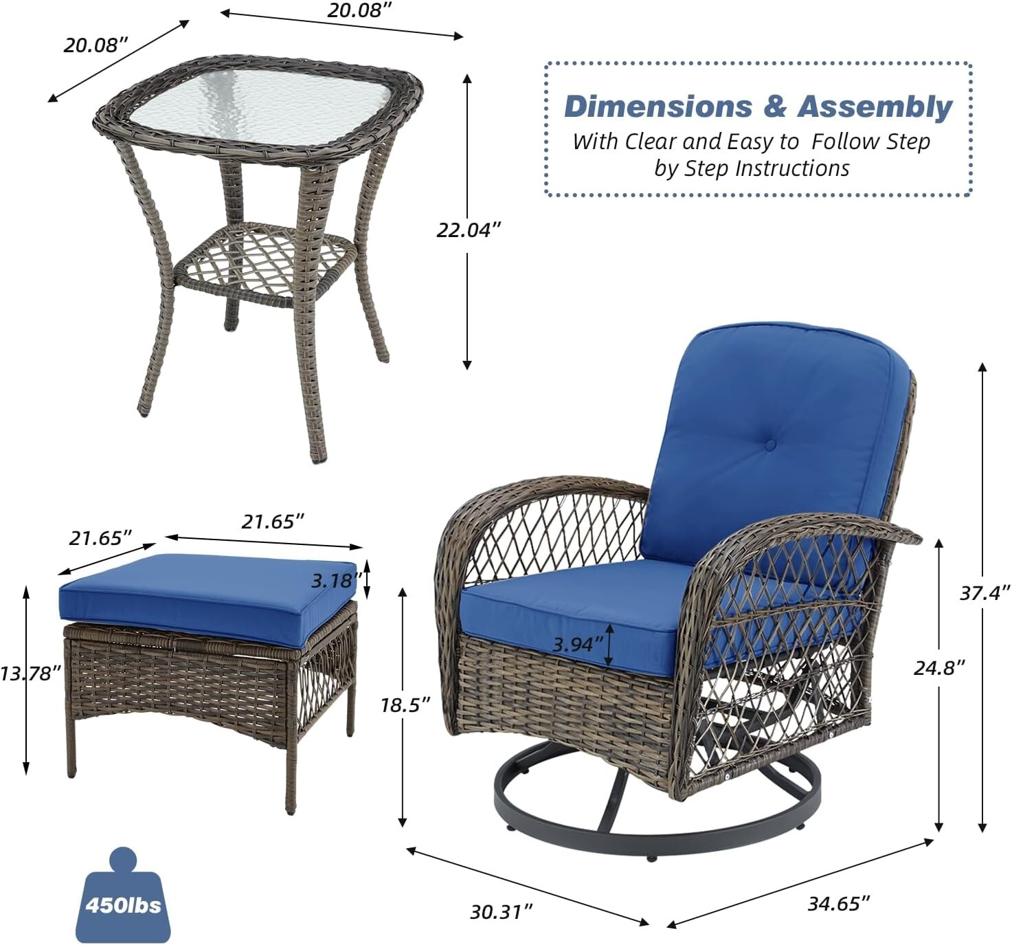 Rattan Conversation 3 Pc Furniture Set Patio BLUE Chairs All Weather Outdoor