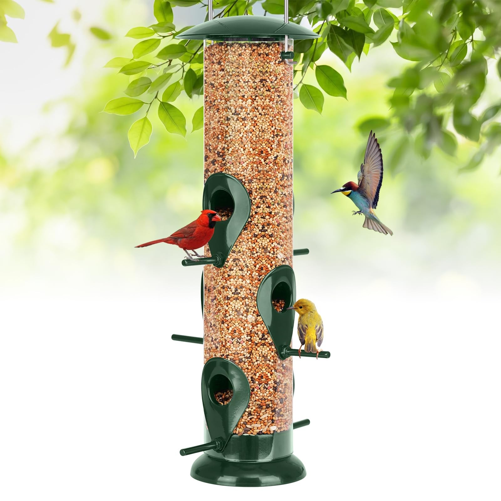 FEED GARDEN Metal Bird Feeder - 6 Port Tube for 13 inch-Metal, Green
