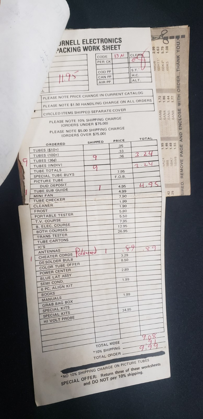 Cornell Electronics Company Mail Order Catalog / Invoice / Price Lists