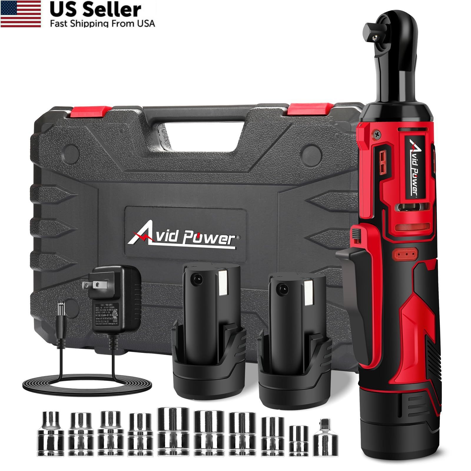 AVID POWER Cordless Electric Ratchet Wrench 3/8", 44.2 Ft-lbs 12V Power Red