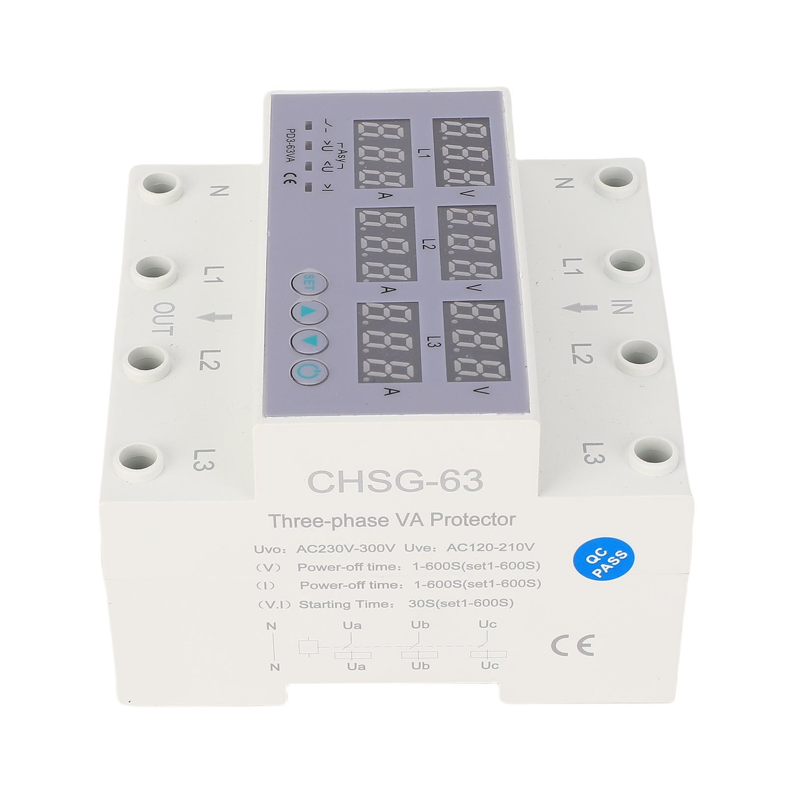 63A 3 Phase DIN Rail Voltmeter Ammeter Auto Overvoltage Overcurrent Protector AC