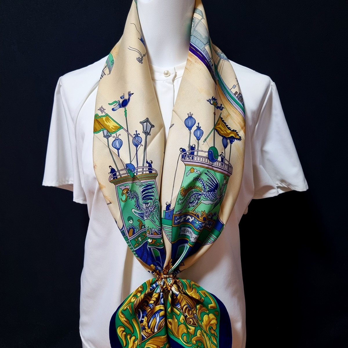 RARE VINTAGE HERMES Silk Scarf "Junques et Sampans" Carre 90