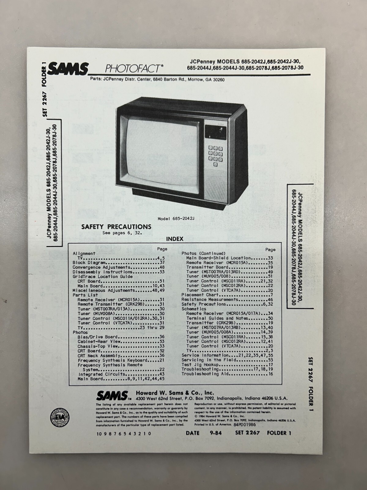 JCPenney 685-2042J 2044J 2078J Service Manual Sams Photofact Free Shipping