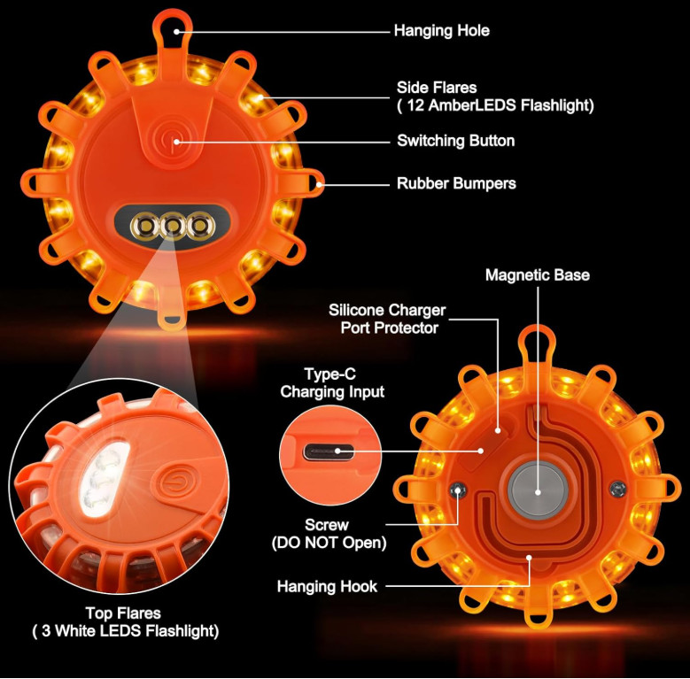 Paquete De 4 Luces LED De Emergencia Para Carretera Con Base Magnética De Gancho