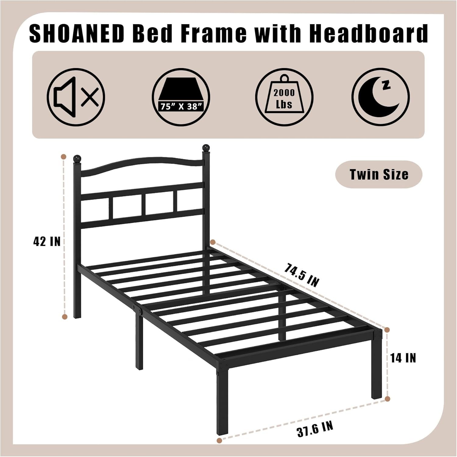 14 Inch Metal Bed Frame Twin Size Heavy Duty Bedframe W/ Headboard Black Basic