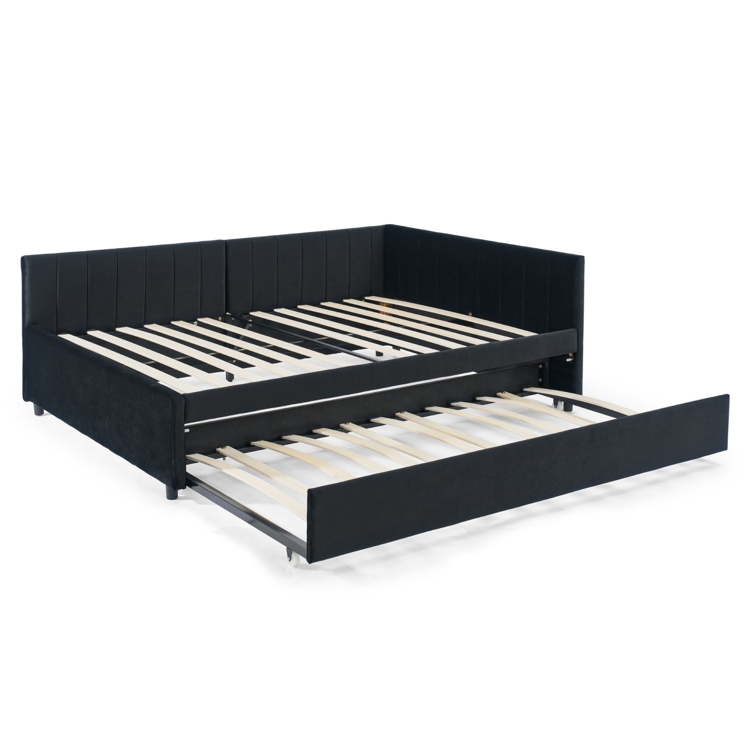 Full Size Daybed Velvet Upholstered Bed Frame Sofa Bed w/ Pull-Out Trundle Black