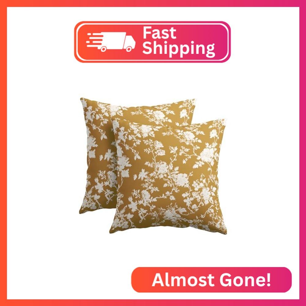 Kawani Vintage Floral Pillow Covers 18x18 Inch Set of 2 Rustic Mustard Yellow an