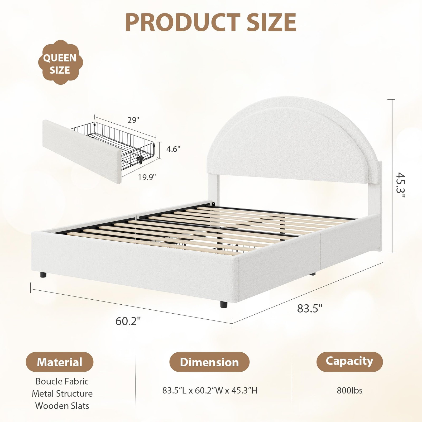 Queen Bed Frame, Headboard Boucle Upholstered Platform Bed Frame with 2 Drawers