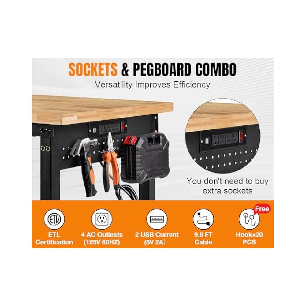 5000 lb Capacity Workbench, 96" Rubber Wood, Perfect for Home & Garage