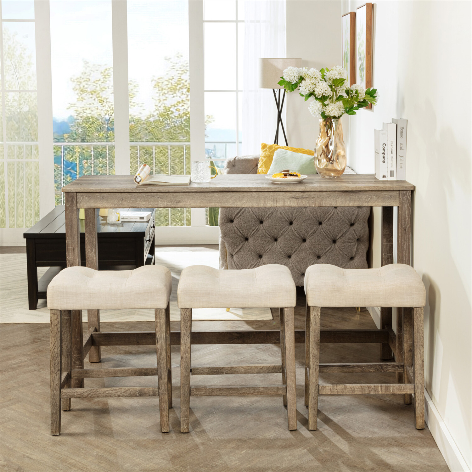 4 Piece Bar Table Set Counter Height Kitchen Dining Table with 3 Stools US