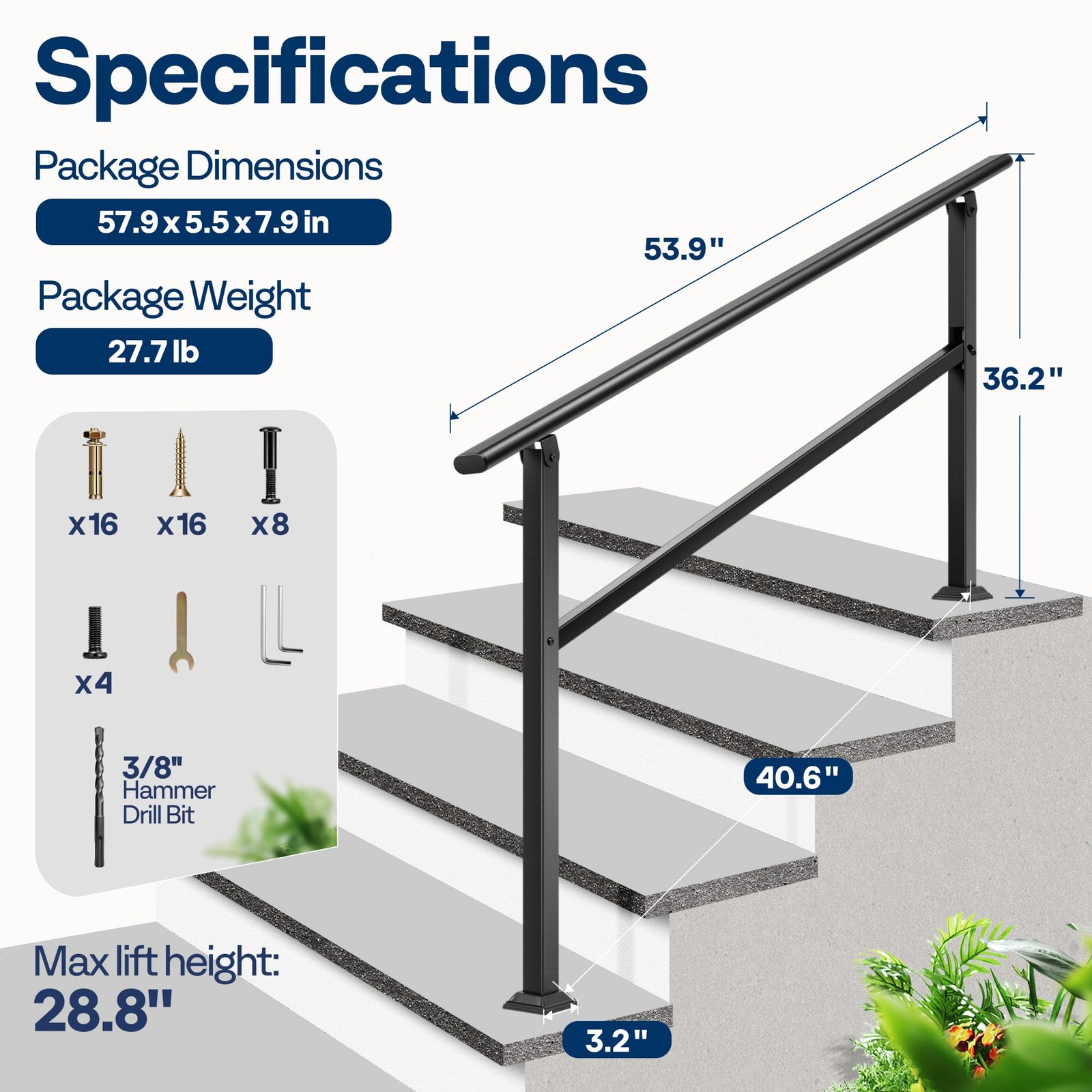 VIVOHOME 2-Pack 4 Step Hand Rails for Outdoor Steps, 4 Black