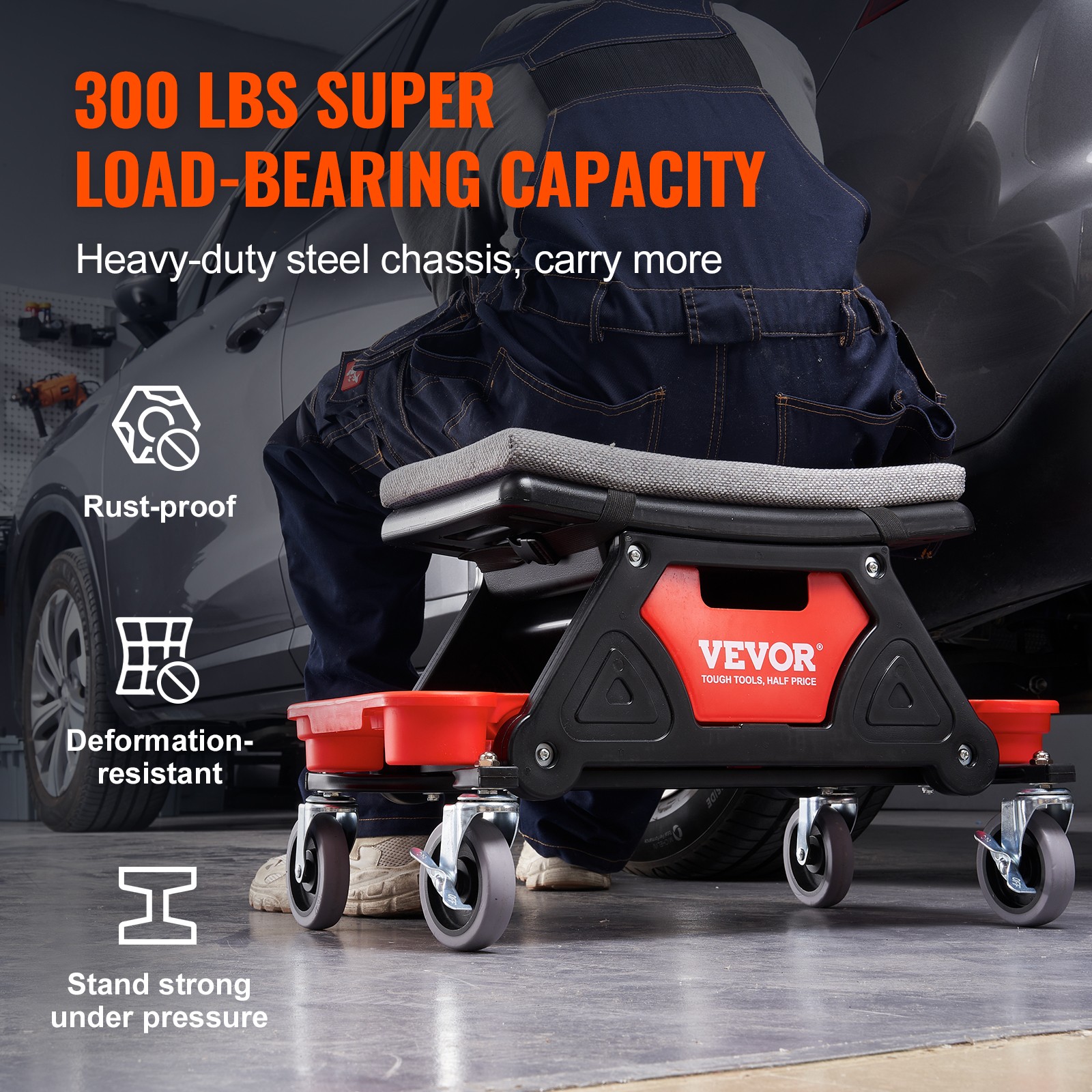 VEVOR Rolling Mechanics Stool 300LB with Tool Trays Drawer for Garage