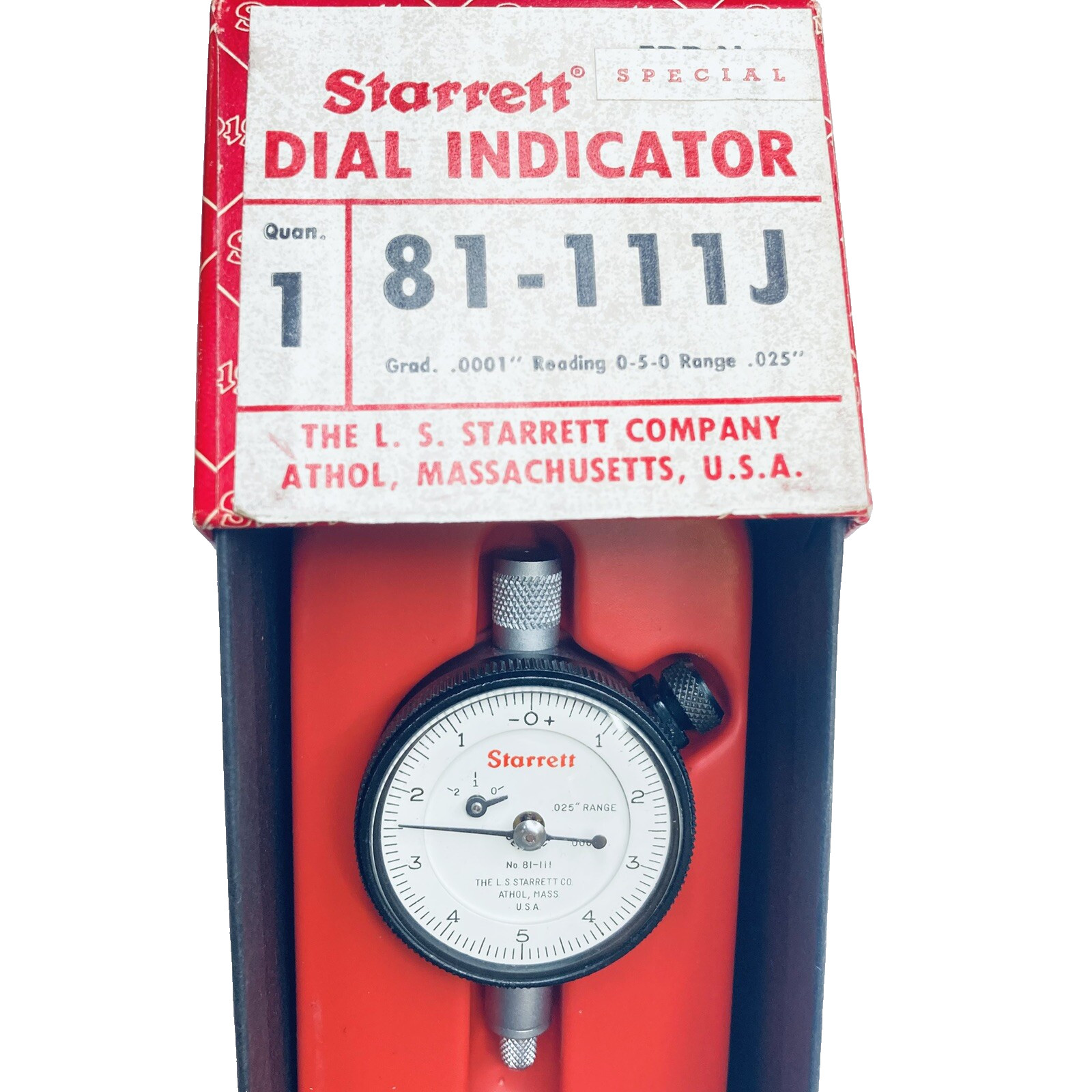STARRETT No. 81-111J Dial Indicator .0001" Grads, .025" Range - Jeweled - NEW