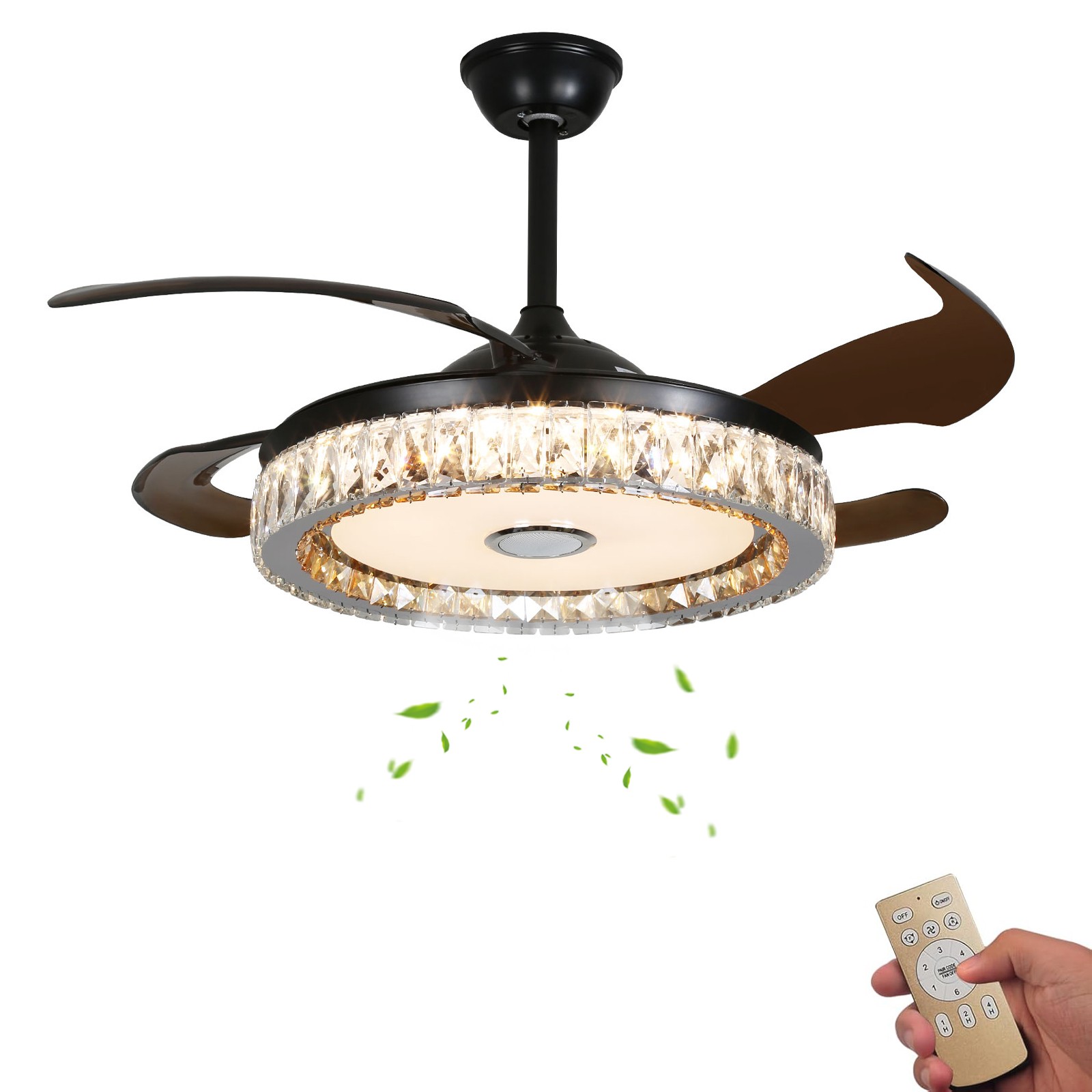Ceiling Fan With Led Light 42 Inch Remote Control Retractable Black Crystal
