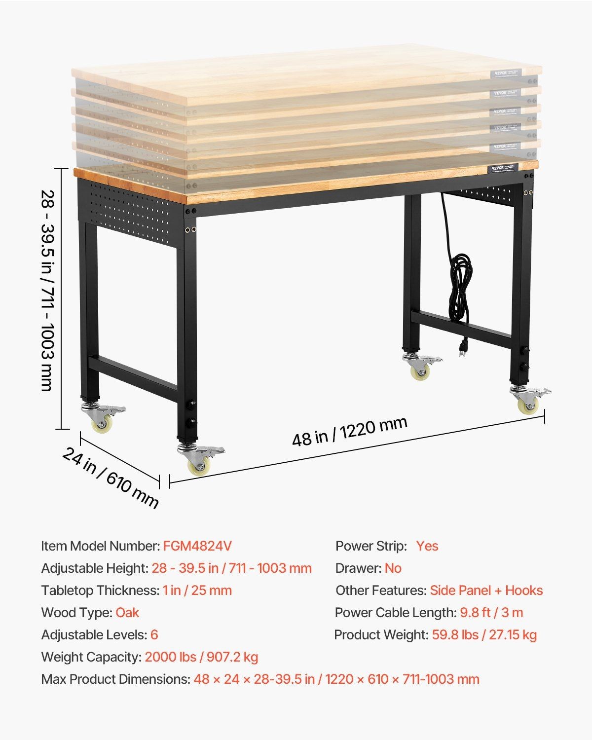 Industrial 48in Workbench 2000lb Structural Integrity with USB AC