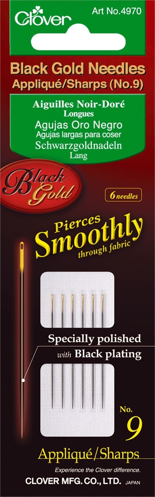 Clover 4970 Black Gold Applique/Sharps Needles-Size 9 6/Pkg