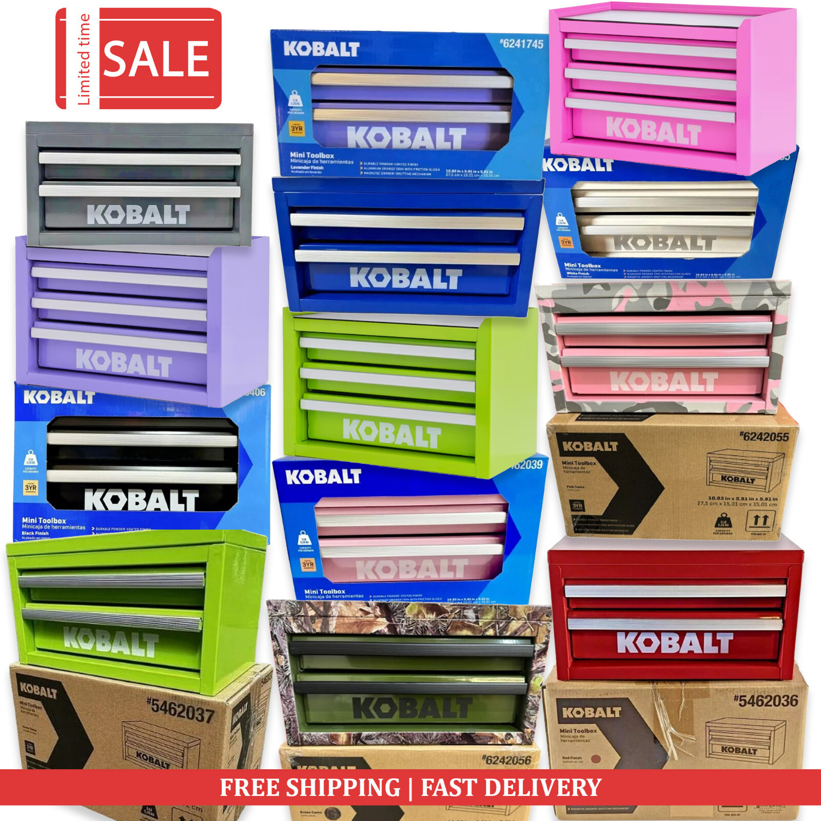 Kobalt Mini 2 Drawer Top or 3 Drawer Steel Bottom Base Tool Box Green Red Blue