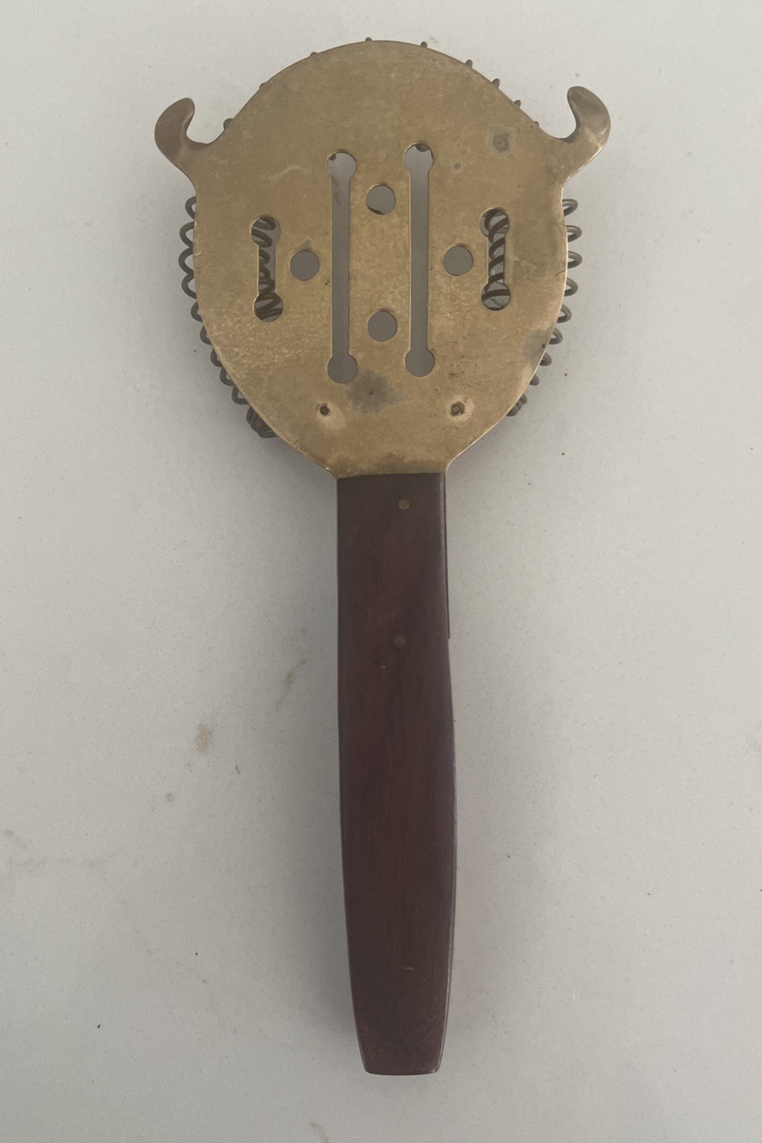 Vintage MCM 4 Piece Brass And Wood Bar Tool Set