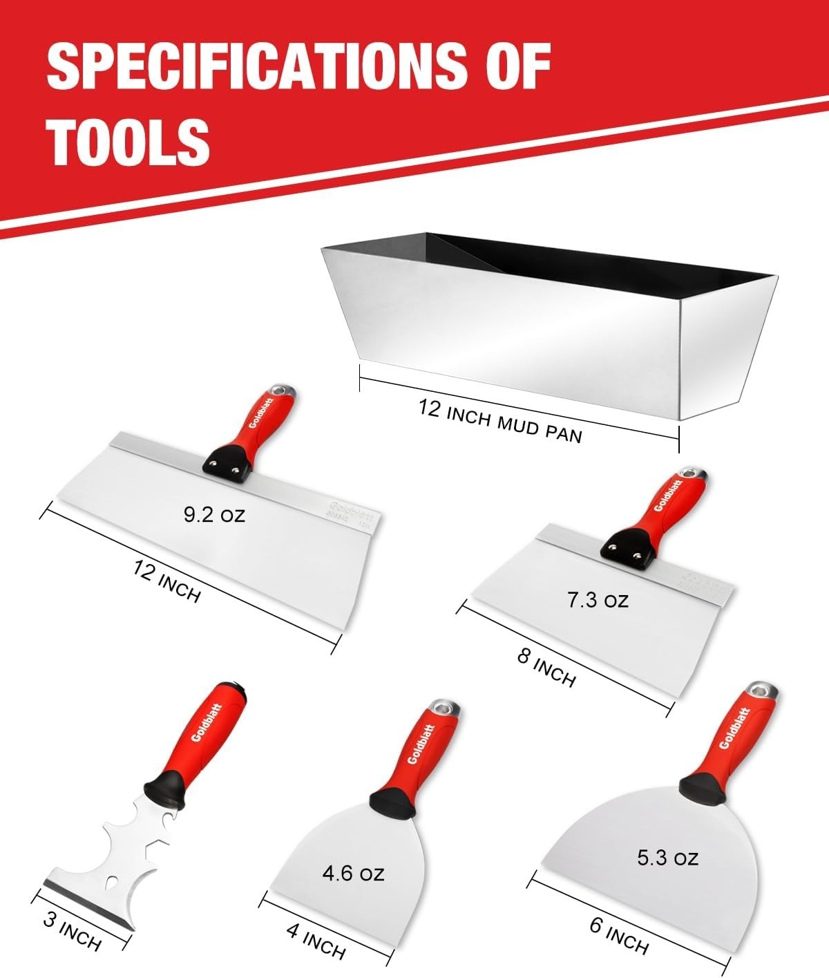 Versatile 14-in-1 Drywall Tool Kit - Includes Joint Knives, Scrapers & Mud Pan