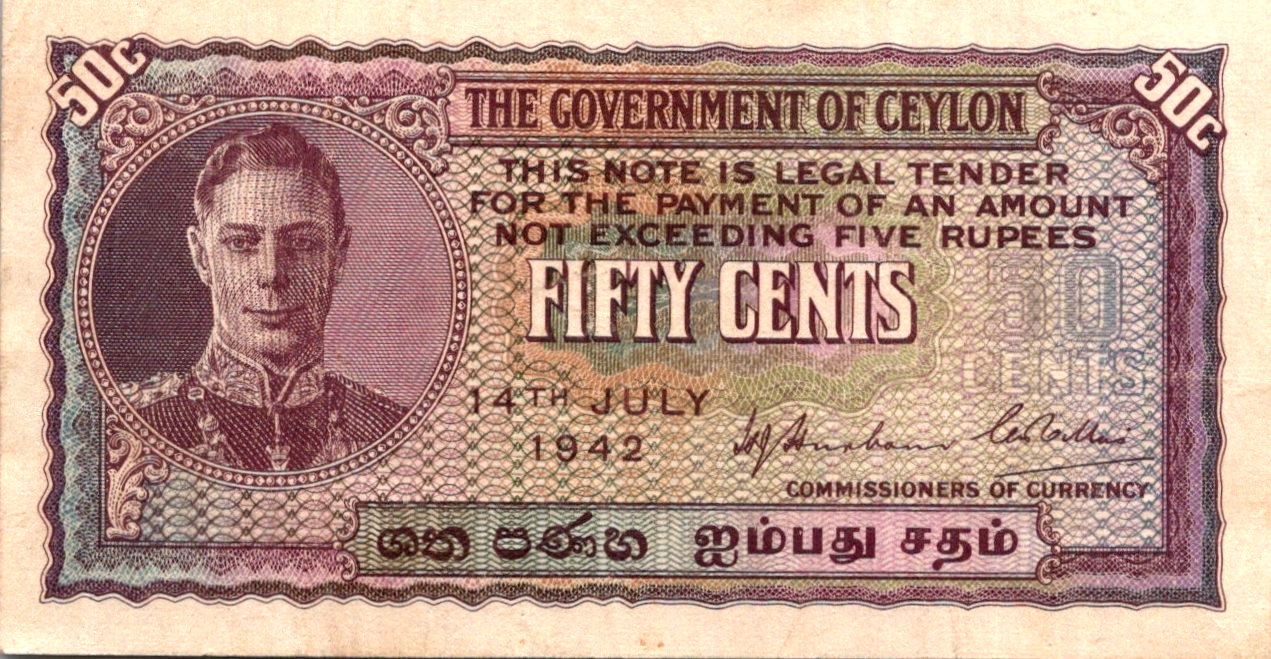 Ceylon 50 Cents 1942 British Administration Pick# 45a Vf-CVF