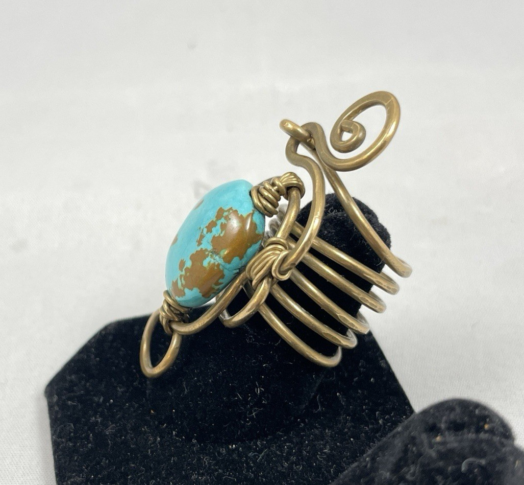 Artisan Cooper Wire Wrap Turquoise Statement Ring - Size 6