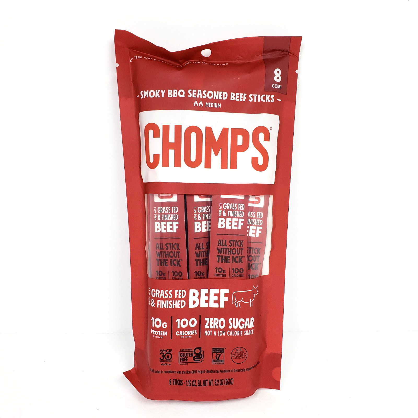 Chomps Smoky GrassFed Finished Smoky BBQ Seasoned Beef Sticks Jerky Medium 8 Pk