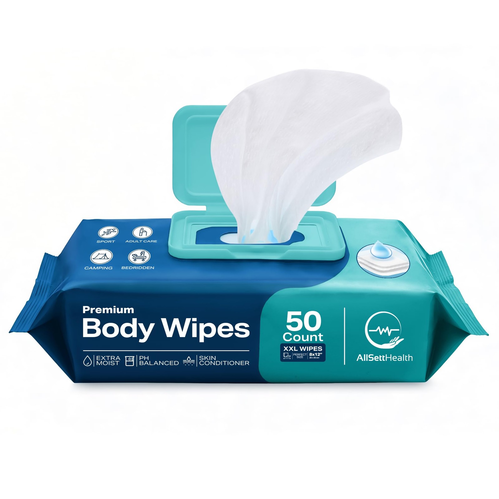 Body Wipes for Adults - XL Wet 8" x 12" (50 count) 50 Count (Pack of 1)