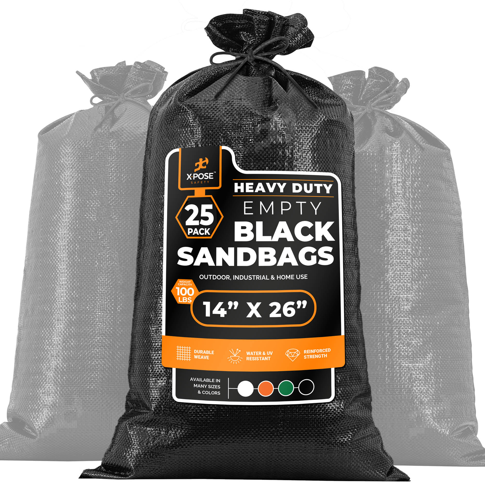 Heavy Duty Woven Polypropylene Sand Bags Black - 14" x 26" Bundle of 25