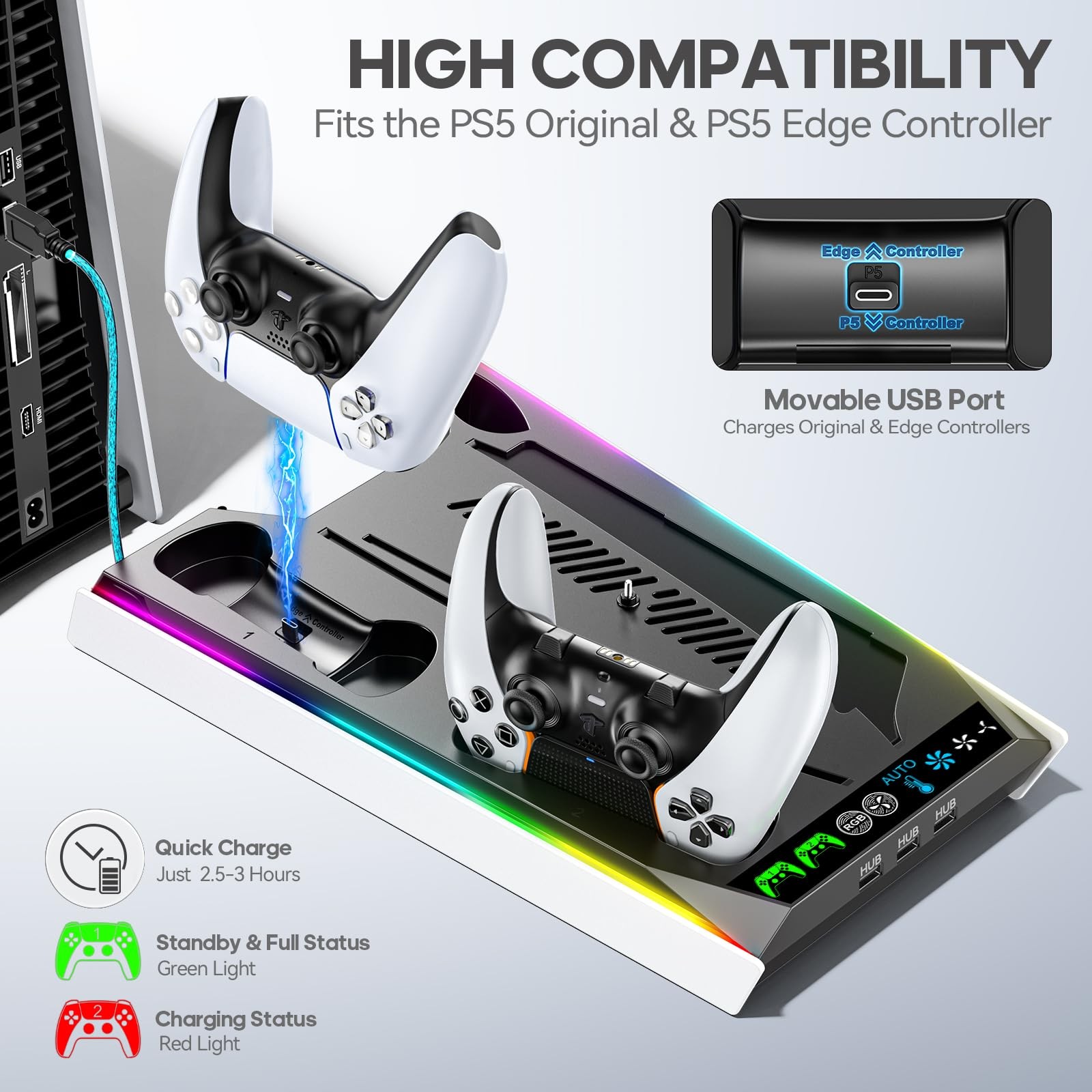 PS5/Slim/Pro Stand for Disc & Digital Console, PS5 Cooling & Black & White