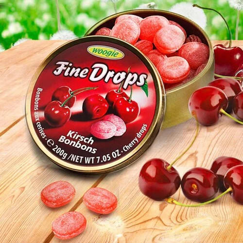 WOOGIE, GERMAN FINE DROPS SANDED Cherry CANDY Cherry Bonbons 7.05OZ/ 200 GR TIN