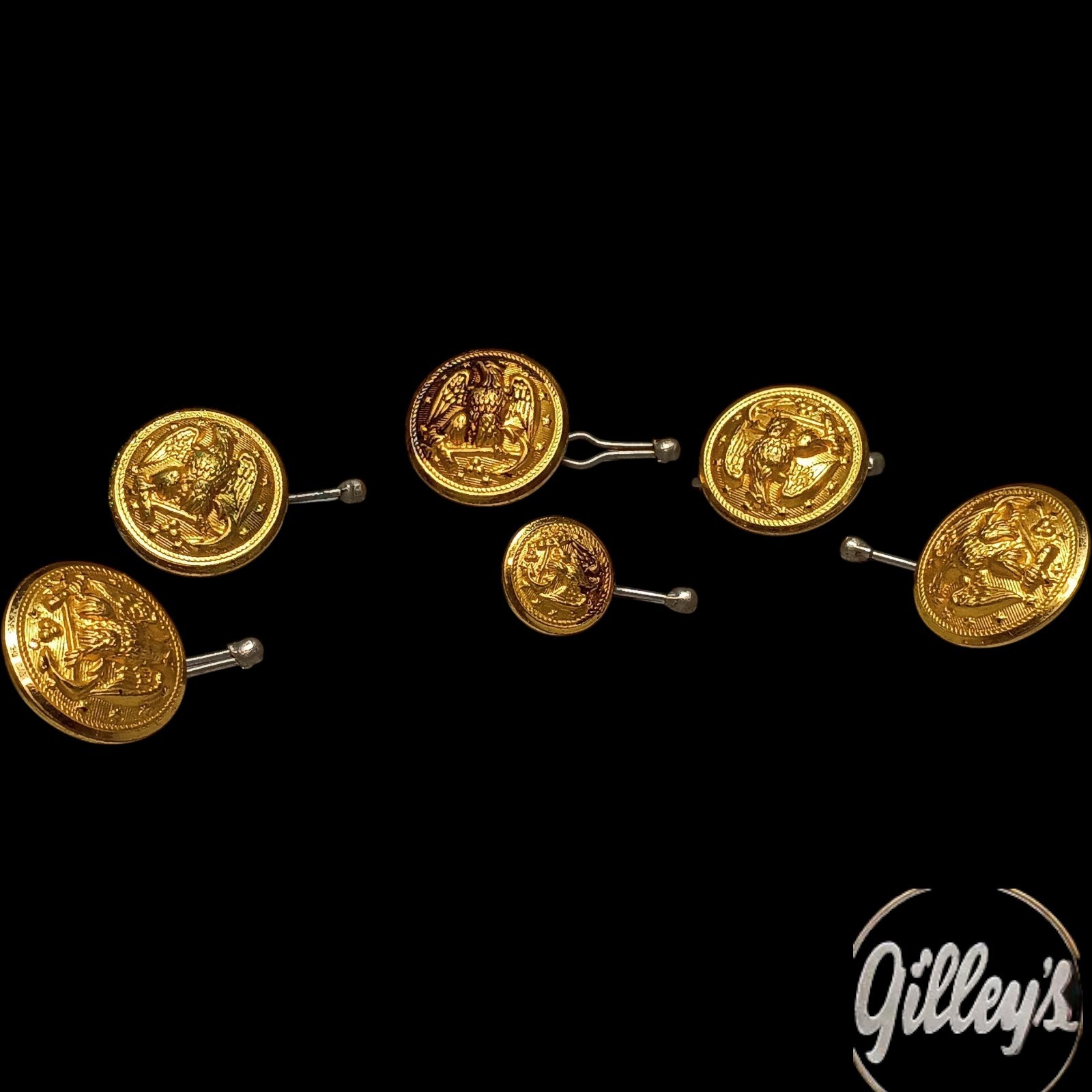 Military Buttons Lot Set of 6 Collectible Gold Colored with Button Clips